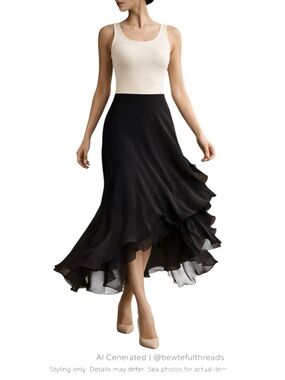 Minimalist Black Chiffon Midi Skirt Asymmetrical Hem Elegant Flowy